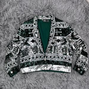 Vintage 80s MODI Cardigan Jacket Green Silver Sequins Geometric Pattern Silk